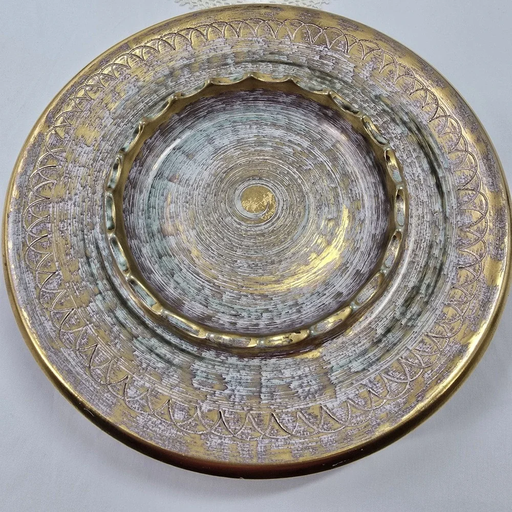 Stangl Pottery 22KT Gold Mid Century Console Dish 3972 Aqua Turquoise brushed